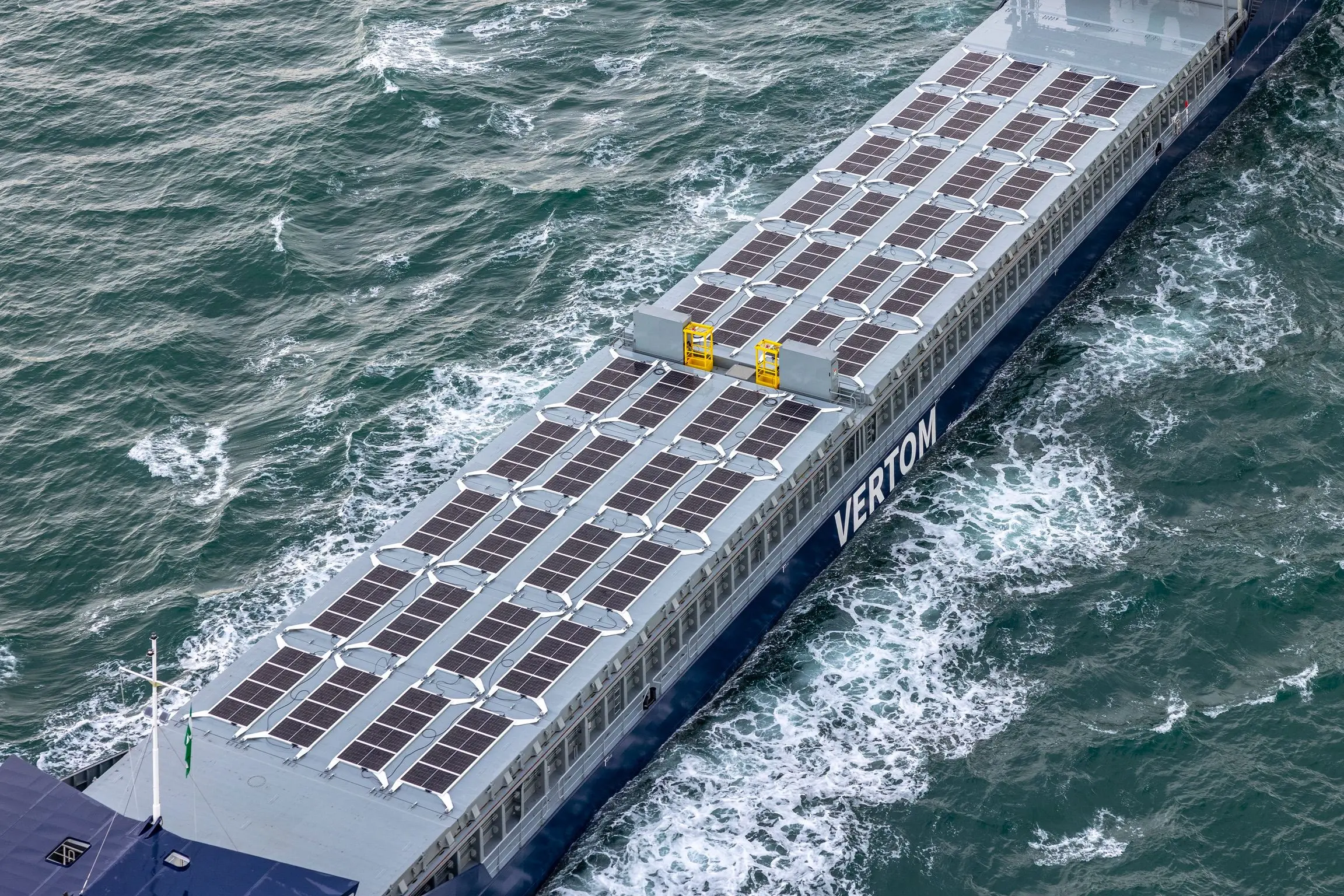 MV Vertom Tula at sea with Solar Flatrack panels on deck