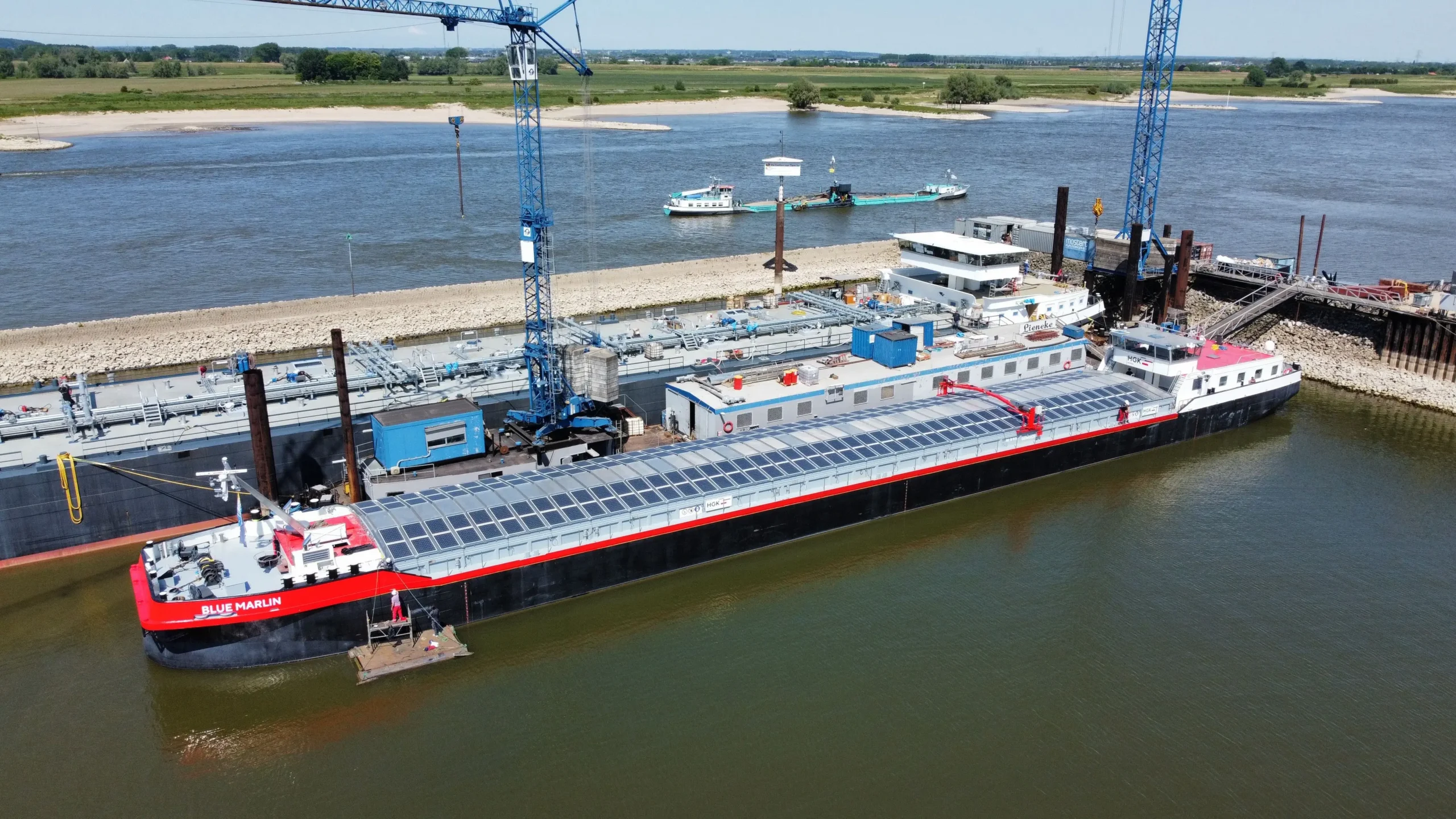 Blue Marlin inland vessel with 192 solar panels at HGK Shipping