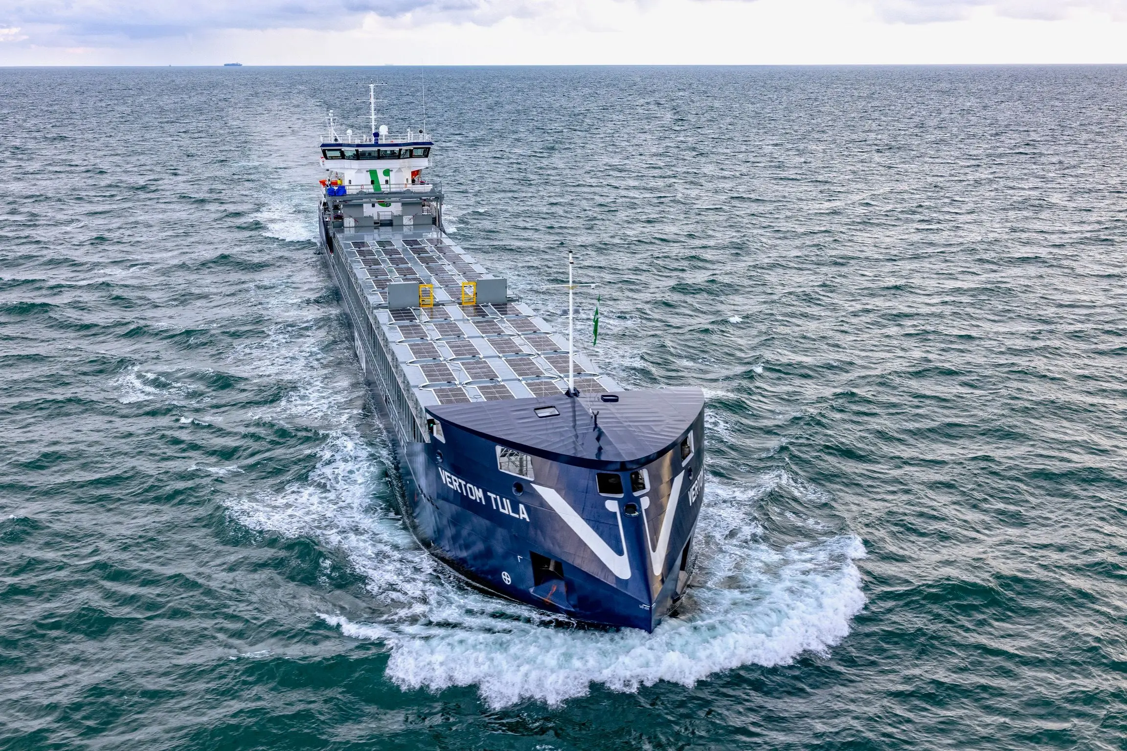 MV Vertom Tula at sea with Solar Flatrack panels on deck